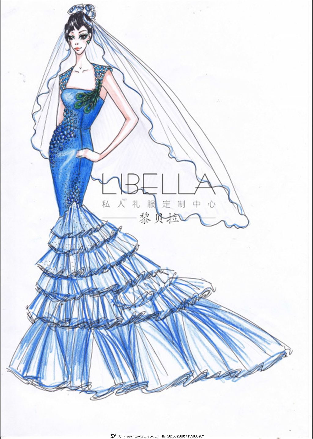 藍(lán)色拖尾手繪服裝設(shè)計